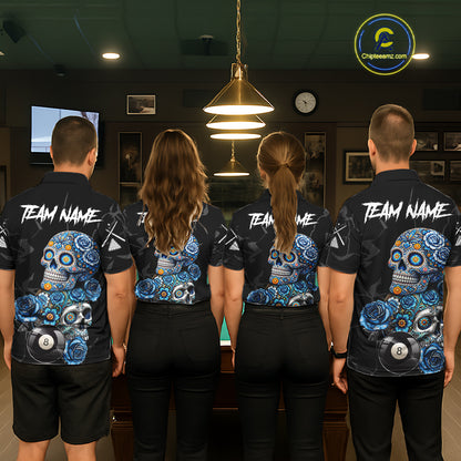 Personalized Blue 8 Ball Sugar Skull Billiard Shirt For Men, Pool Team Jersey Polo & 1/4 Zip TDM6261