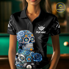 Load image into Gallery viewer, Personalized Blue 8 Ball Sugar Skull Billiard Shirt For Women, Pool Team Jersey Polo &amp; 1/4 Zip TDM6261