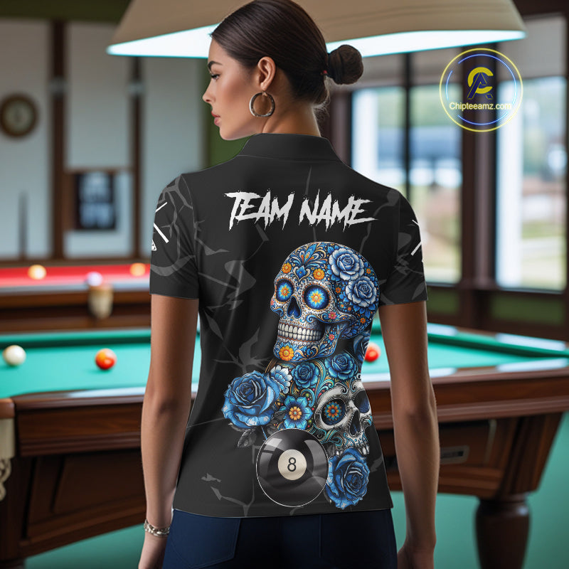 Personalized Blue 8 Ball Sugar Skull Billiard Shirt For Women, Pool Team Jersey Polo & 1/4 Zip TDM6261