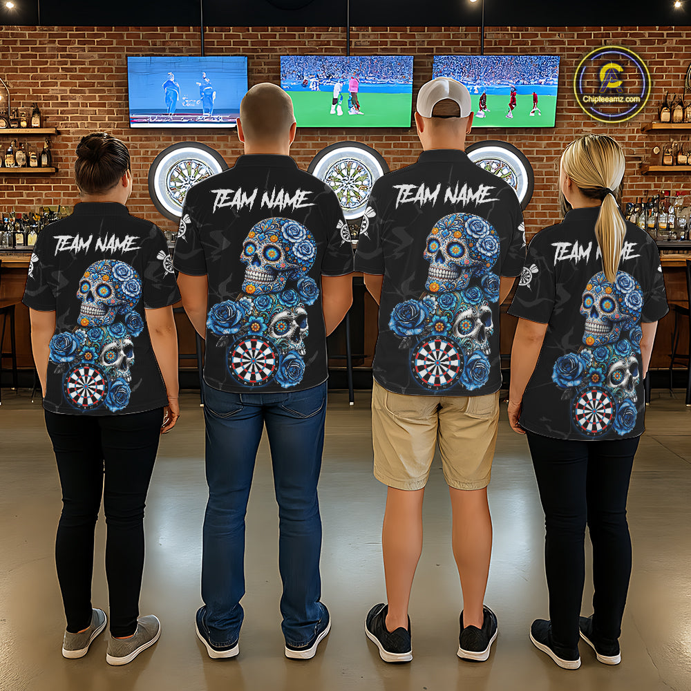 Personalized Blue Sugar Skull Darts Shirt For Women Custom Darts Jersey Team Polo & Quarter Zip TDM6263