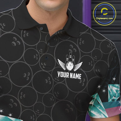 Custom Pink Turquoise Diamonds Bowling Shirt For Men, Glowing Bowling Team Jersey Polo & 1/4 Zip TDM6270