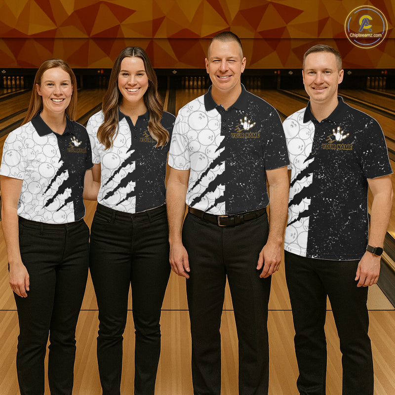 Custom Grunge Black White Bowling Shirt For Women, Bowling Tournament Team Shirt Polo & 1/4 Zip TDM6271
