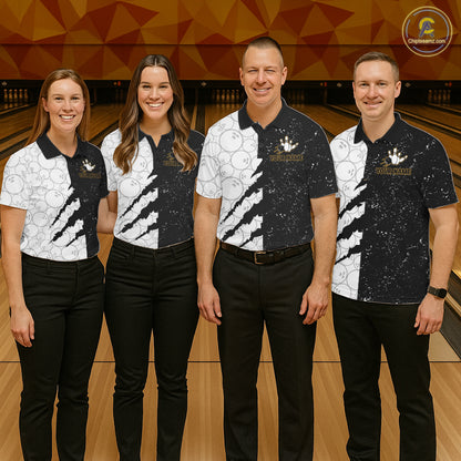 Custom Grunge Black White Bowling Shirt For Women, Bowling Tournament Team Shirt Polo & 1/4 Zip TDM6271