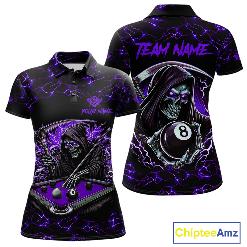 Purple Funny Grim Reaper 8 Ball Pool Women Billiard Shirts Custom Name Lightning Billiard Jerseys TDM2160