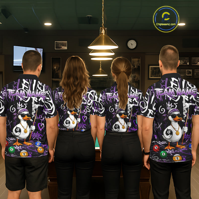 Purple Funny Duck Graffiti 8 Ball Billiard Shirt For Men Custom Pool Team Jersey Polo & 1/4 Zip TDM7151
