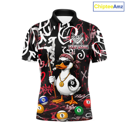 Red Funny Duck Graffiti 8 Ball Billiard Shirt For Men Custom Pool Team Jersey Polo & 1/4 Zip TDM7152
