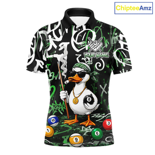 Green Funny Duck Graffiti 8 Ball Billiard Shirt For Men Custom Pool Team Jersey Polo & 1/4 Zip TDM7153