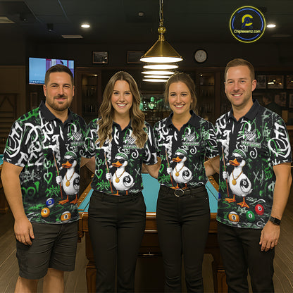 Green Funny Duck Graffiti 8 Ball Billiard Shirt For Men Custom Pool Team Jersey Polo & 1/4 Zip TDM7153