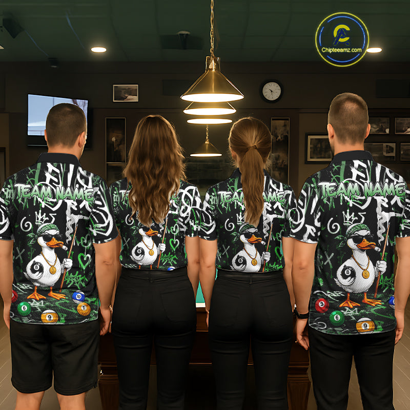 Green Funny Duck Graffiti 8 Ball Billiard Shirt For Men Custom Pool Team Jersey Polo & 1/4 Zip TDM7153