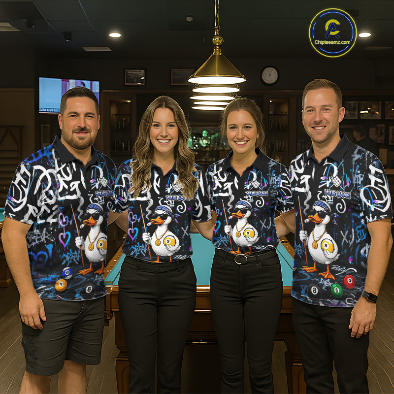 Colorful Graffiti Funny Duck 9 Ball Billiard Shirt For Men Custom Pool Team Jersey Polo & 1/4 Zip TDM7154