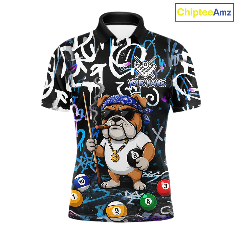 Colorful Graffiti Funny Bulldog 8 Ball Pool Billiard Shirt For Men Custom Billiard Team Jersey TDM7155