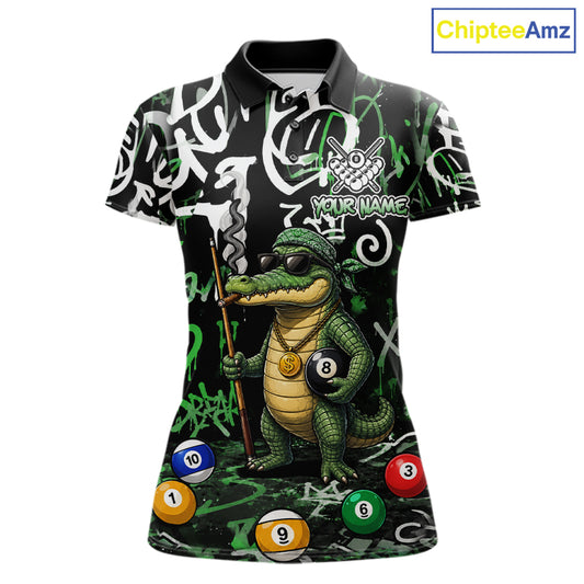 Green Funny Alligator Graffiti 8 Ball Billiard Shirt For Women Custom Pool Team Jersey Polo, 1/4 Zip TDM7157