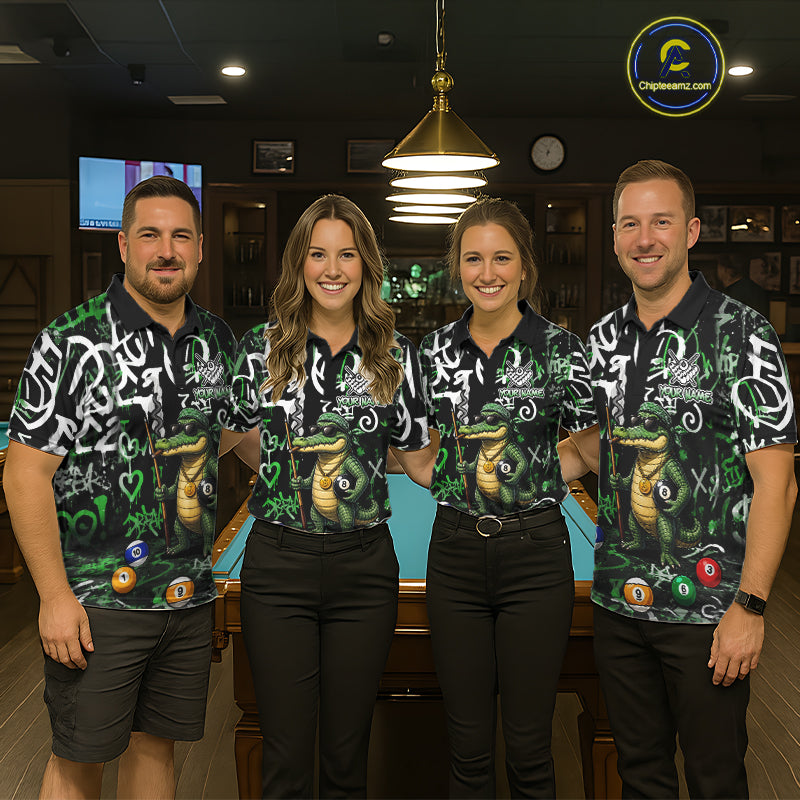Green Funny Alligator Graffiti 8 Ball Billiard Shirt For Men Custom Pool Team Jersey Polo, 1/4 Zip TDM7157