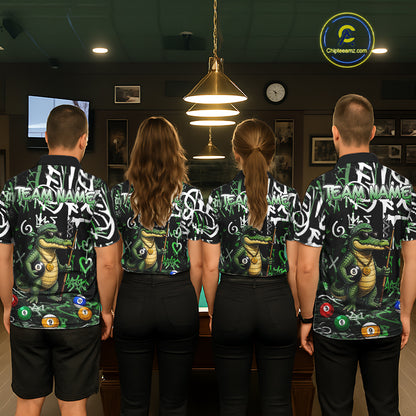 Green Funny Alligator Graffiti 8 Ball Billiard Shirt For Men Custom Pool Team Jersey Polo, 1/4 Zip TDM7157