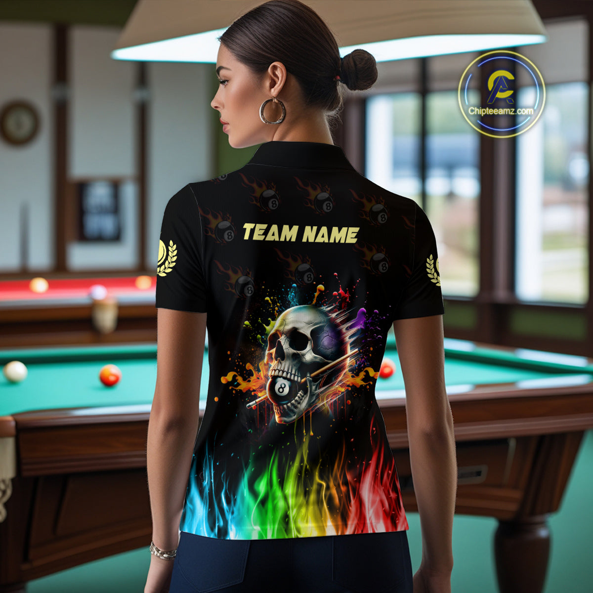 Funny Billiard Colorful Skull Personalized Women Polo Shirts, Custom Team Name Billiard Attire TDM1066