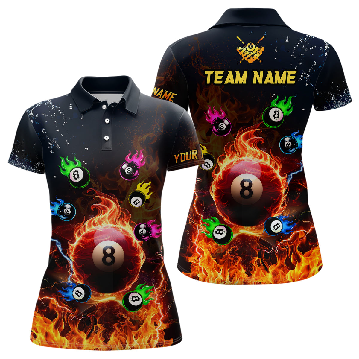 Personalized Colorful 8 Ball Fire 3D Women Polo & Quarter-Zip Shirts, Team League Billiard Jerseys TDM1770