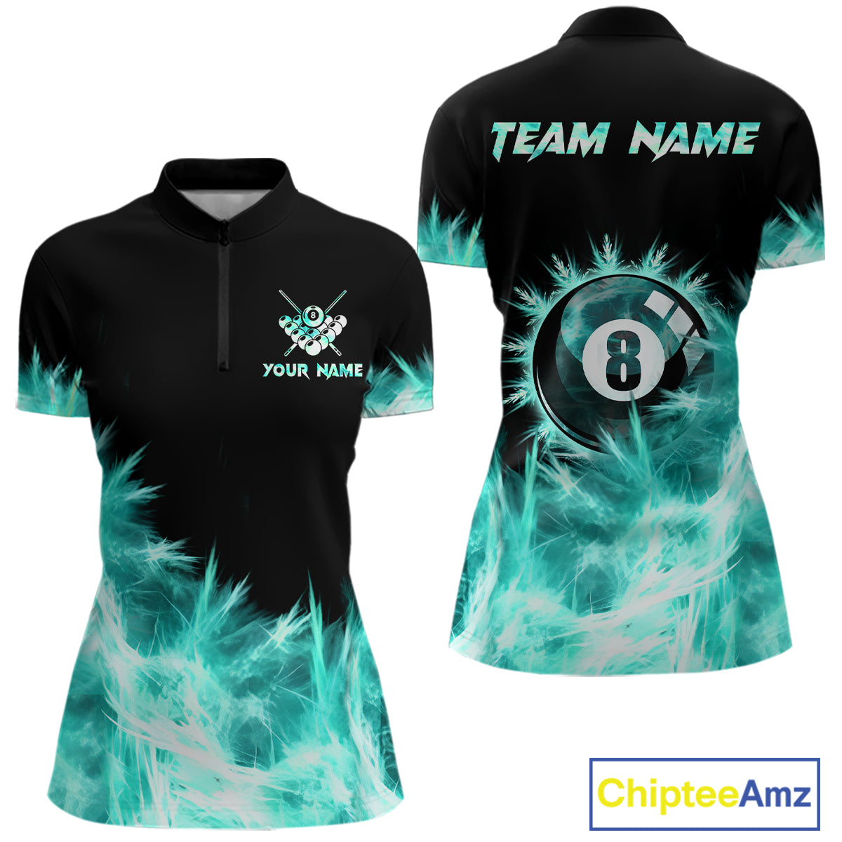 Turquoise Icy Light 8 Ball Pool Billiard Polo & 1/4 Zip For Women Custom Billiard Team Jerseys  TDM5689