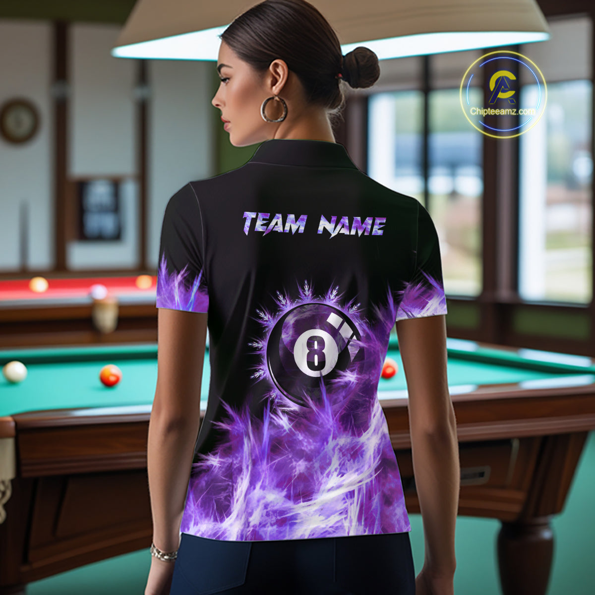 Purple Icy Light 8 Ball Pool Billiard Polo & Quarter Zip For Women Custom Billiard Team Jerseys TDM5690