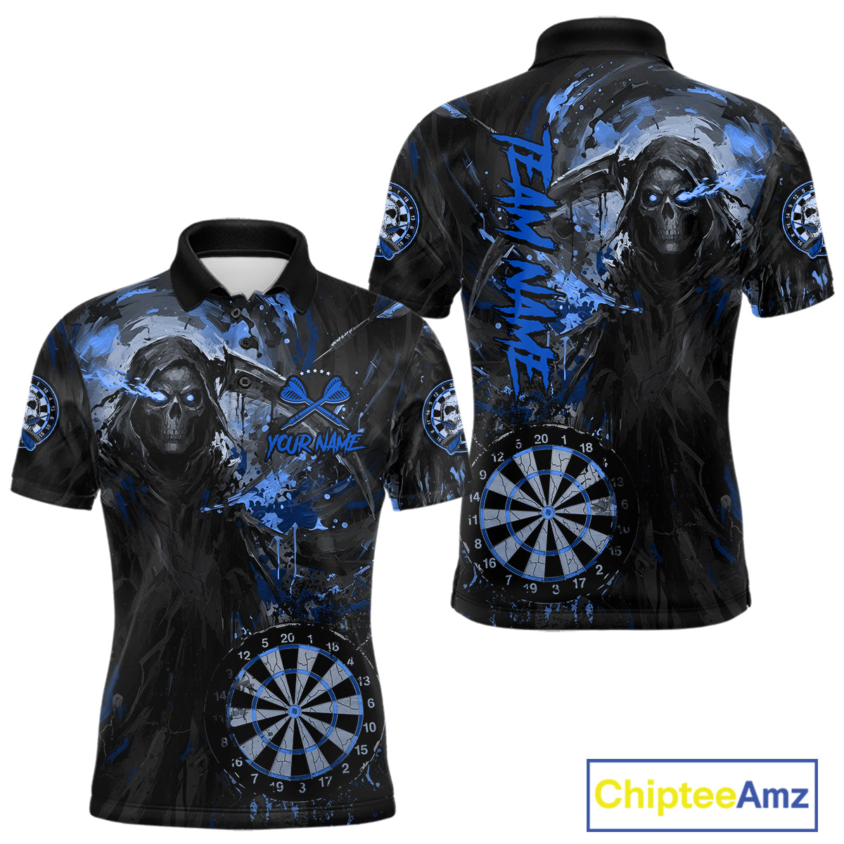 Custom Black And Blue Splatter Grim Reaper Men Darts Polo Shirt Cracked Dart Jerseys NYN2794