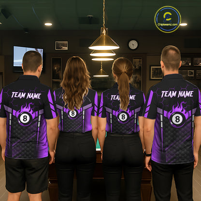 Personalized Purple 8 Ball Flame Billiard Polo & Quarter Zip For Men, 8 Ball Pool Team Jersey TDM6039