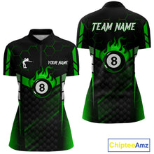 Load image into Gallery viewer, Personalized Green 8 Ball Flame Billiard Polo &amp; Quarter Zip For Women, 8 Ball Pool Team Jersey TDM6040