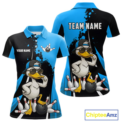 Custom Black And Blue Funny Duck Bowling Shirts For Women, Bowling Team Jersey Polo & 1/4 Zip TDM6292