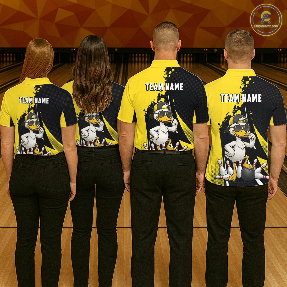 Custom Yellow Black Funny Duck Bowling Shirts For Men, Bowling Team Jersey Polo & 1/4 Zip TDM6293