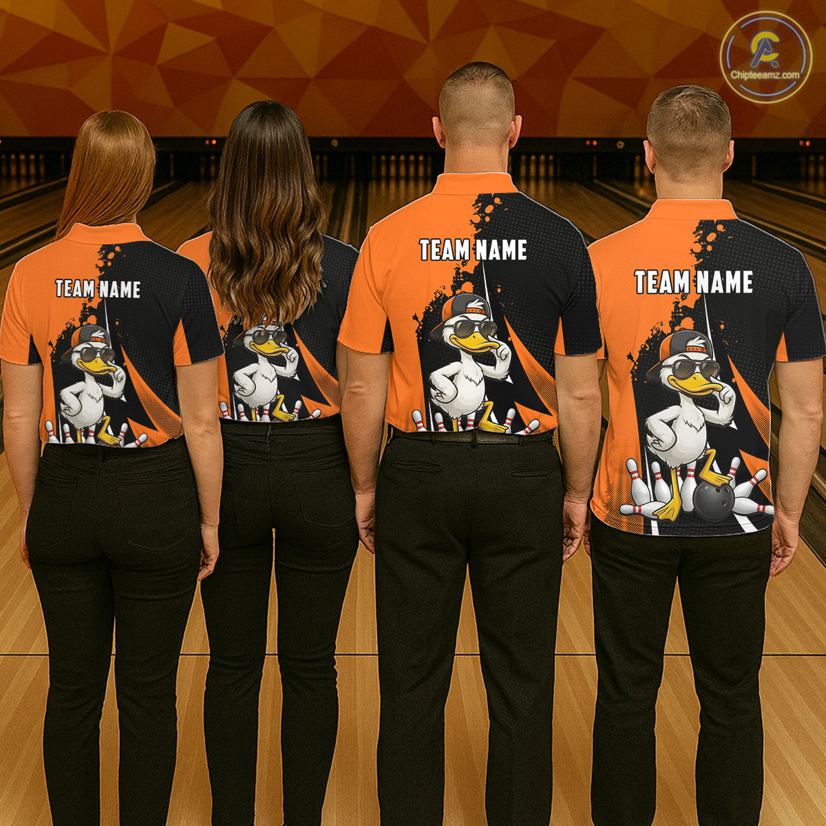Custom Black And Orange Funny Duck Bowling Shirts For Men, Bowling Team Jersey Polo & 1/4 Zip TDM6294
