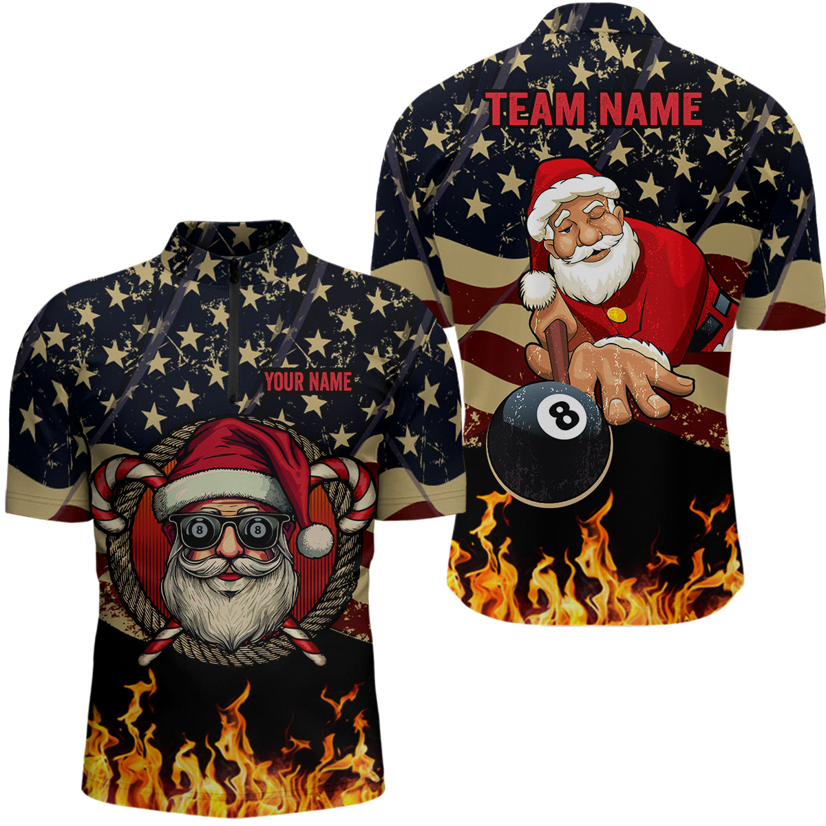 Funny Christmas Santa And Billiard USA Flag Fire Custom Men Quarter-Zip Shirts For Patriot TDM0538