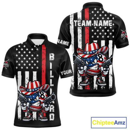 Funny 8 Ball US Flag Billiard Shirt For Men Custom Patriotic Pool Team Jersey Polo & 1/4 Zip TDM6048