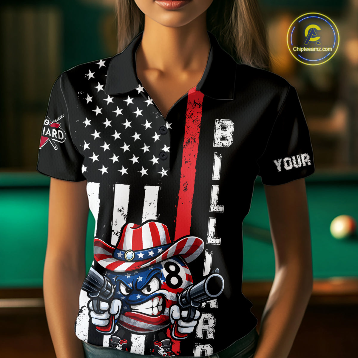 Funny 8 Ball US Flag Billiard Shirt For Women Custom Patriotic Pool Team Jersey Polo & 1/4 Zip TDM6048
