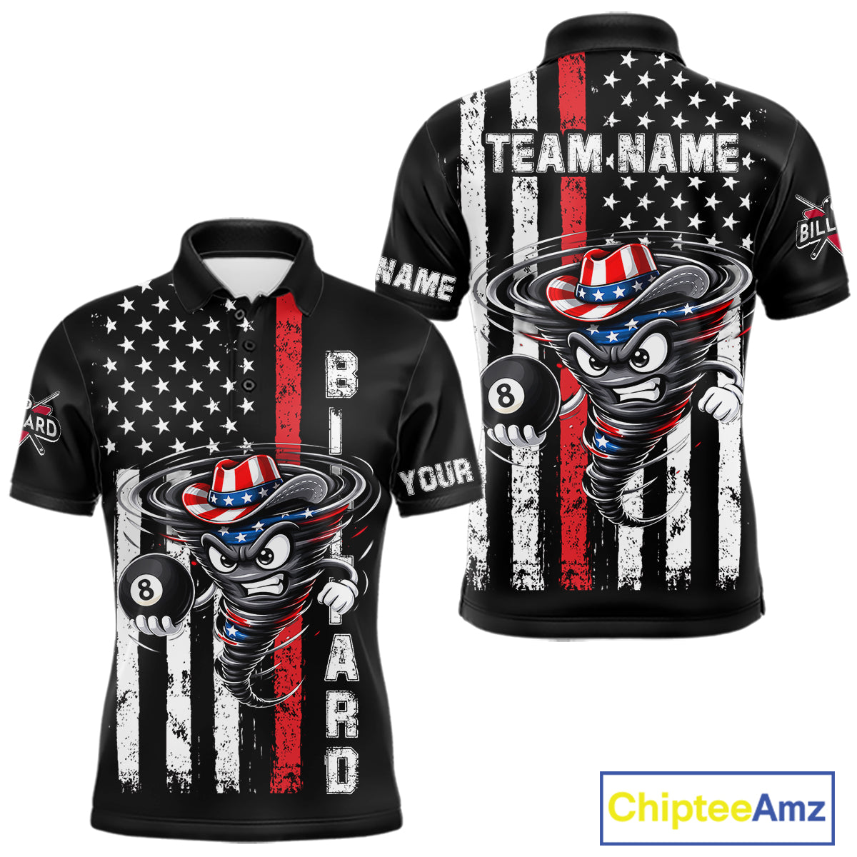 Funny Tornado US Flag 8 Ball Billiard Shirt For Men Custom Pool Team Jersey Polo & Quarter Zip TDM6049