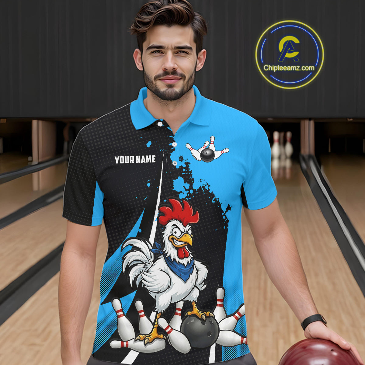 Custom Black And Blue Funny Chicken Bowling Shirts For Men, Bowling Team Jersey Polo & 1/4 Zip TDM6301