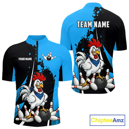 Custom Black And Blue Funny Chicken Bowling Shirts For Men, Bowling Team Jersey Polo & 1/4 Zip TDM6301