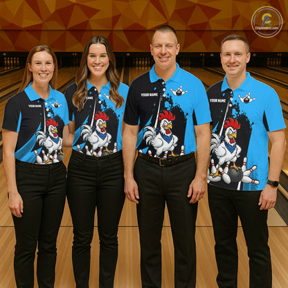 Custom Black And Blue Funny Chicken Bowling Shirts For Women, Bowling Team Jersey Polo & 1/4 Zip TDM6301