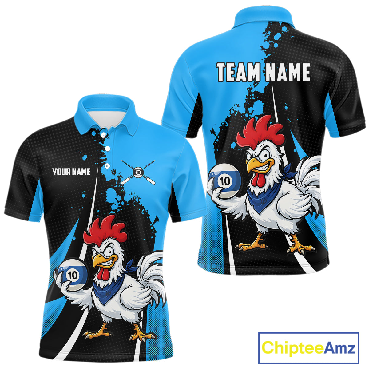 Black And Blue Funny Chicken 10 Ball Billiard Shirt For Men Custom Pool Team Jersey Polo & 1/4 Zip TDM6302