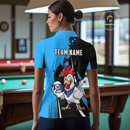 Black And Blue Funny Chicken 10 Ball Billiard Shirt For Women Custom Pool Team Jersey Polo & 1/4 Zip TDM6302