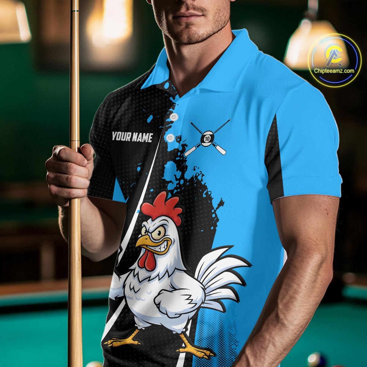 Blue Funny 10 Ball Pool Chicken Billiard Shirt For Men, Billiard Team Jersey Polo & 1/4 Zip TDM6303