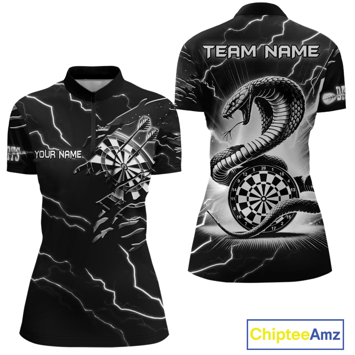 Custom Women's Dart Shirt – Black & White Lightning Cobra Design – Personalized Dart Team Jersey TDM3882