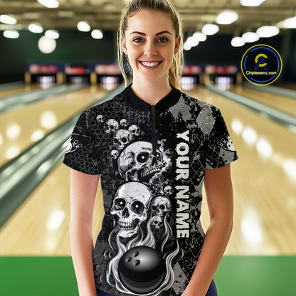 Black Grey Grunge Argyle Skull Bowling Shirt For Women Custom Bowling Team Jersey Polo & 1/4 Zip TDM4773