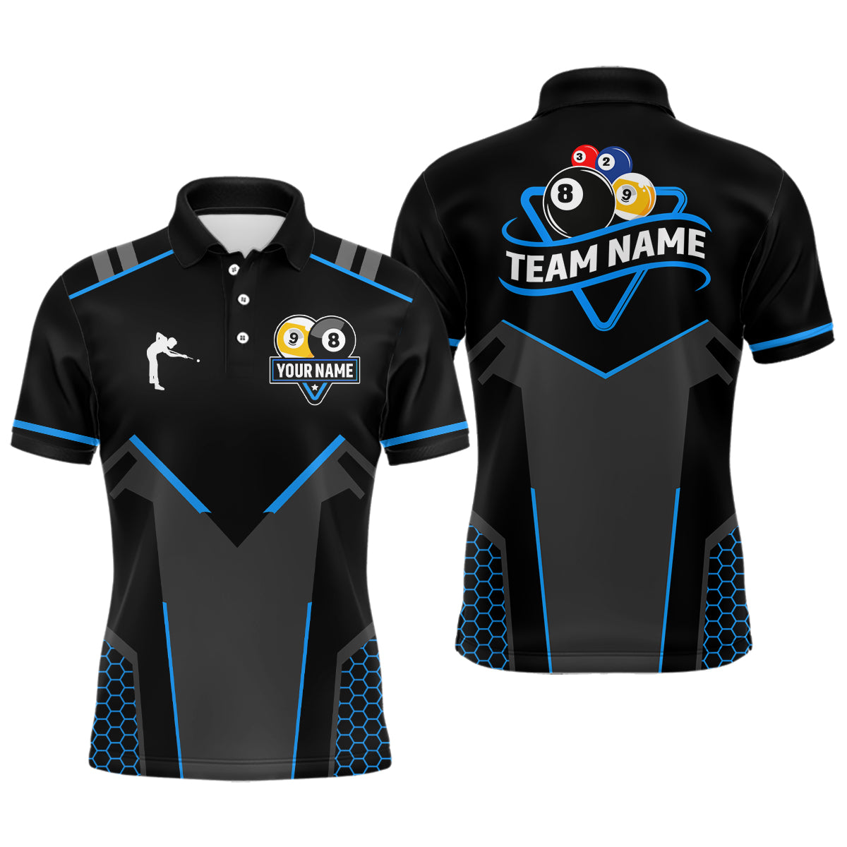 Personalized 8 Ball & 9 Ball Pool Billiard Polo, 1/4 Zip For Men Custom Team Billiard Jerseys |Blue TDM3547