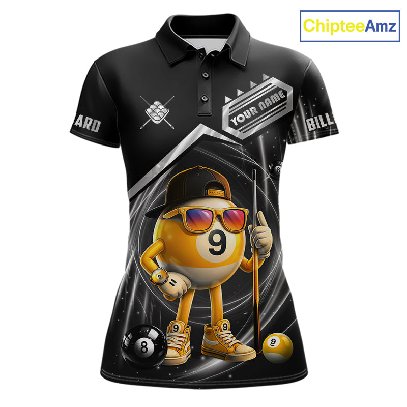 Funny silver 9 ball pool billiard team jersey polo shirt for women featuring a humorous 9 ball design, premium custom pool team apparel and billiard league jersey for tournaments, league play and everyday competition.