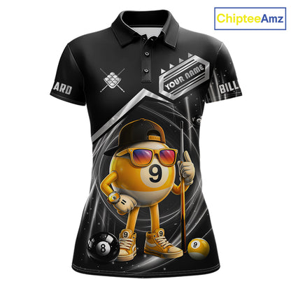 Funny silver 9 ball pool billiard team jersey polo shirt for women featuring a humorous 9 ball design, premium custom pool team apparel and billiard league jersey for tournaments, league play and everyday competition.