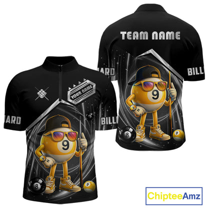 Funny silver 9 ball pool billiard team jersey quarter zip shirt for men featuring a playful 9 ball graphic, premium custom billiard league apparel for competitive players.