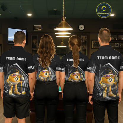 Billiard team wearing matching funny silver 9 ball pool team jerseys featuring playful billiard graphics, back view.