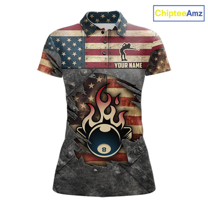 Billiards Vintage US Flag Custom Flame 8 Ball Pool Polo & 1/4 Zip For Women, Billiard Team Jersey TDM6075