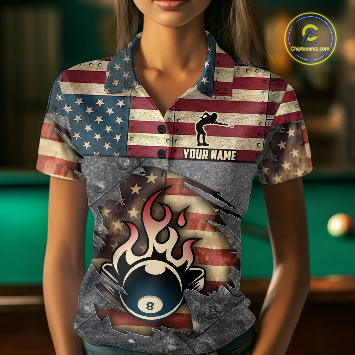 Billiards Vintage US Flag Custom Flame 8 Ball Pool Polo & 1/4 Zip For Women, Billiard Team Jersey TDM6075