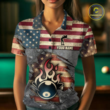 Load image into Gallery viewer, Billiards Vintage US Flag Custom Flame 8 Ball Pool Polo &amp; 1/4 Zip For Women, Billiard Team Jersey TDM6075