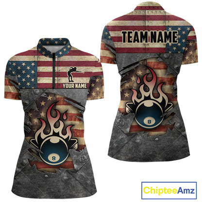 Billiards Vintage US Flag Custom Flame 8 Ball Pool Polo & 1/4 Zip For Women, Billiard Team Jersey TDM6075