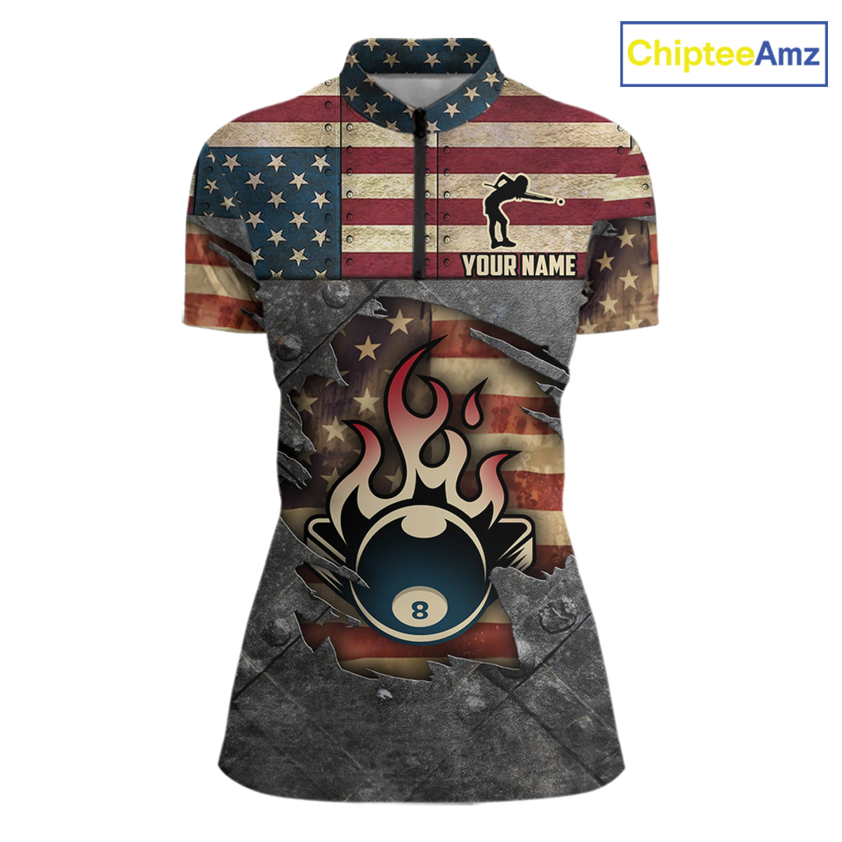 Billiards Vintage US Flag Custom Flame 8 Ball Pool Polo & 1/4 Zip For Women, Billiard Team Jersey TDM6075
